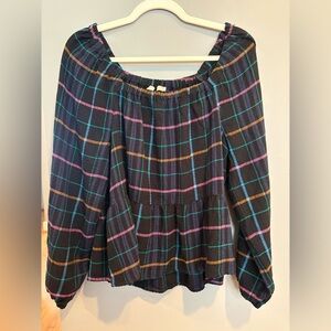 LOFT Multicolor Plaid Off-Shoulder Blouse